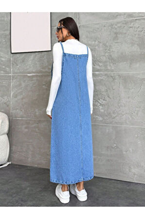 KADIN UZUN MAVİ BAHÇIVAN ASKILI ELBİSE