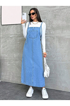 KADIN UZUN MAVİ BAHÇIVAN ASKILI ELBİSE