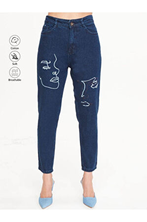KADIN BACAK YÜZ NAKIŞLI MAVİ KOT PANTOLON