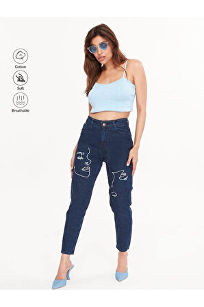 KADIN BACAK YÜZ NAKIŞLI MAVİ KOT PANTOLON
