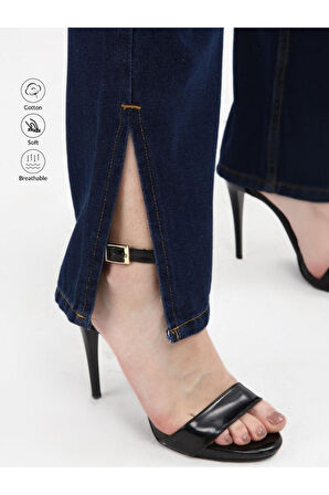 KADIN LACİVERT PAÇA YAN YIRTMAÇ BOYFRİEND BOL PAÇA PANTOLON