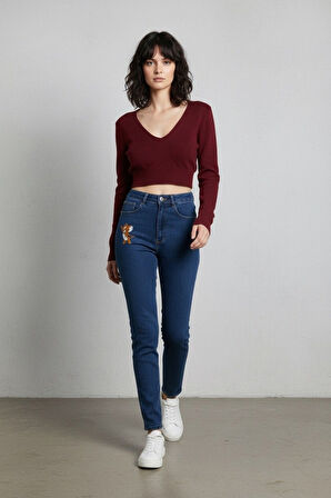 KADIN LACİVERT TOM JERRY NAKIŞLI MOM PANTOLON