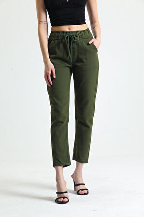 KADIN HAKİ BELİ İPLİ KEMER LASTİK KETEN MOM PANTOLON