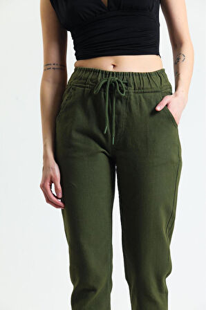 KADIN HAKİ BELİ İPLİ KEMER LASTİK KETEN MOM PANTOLON