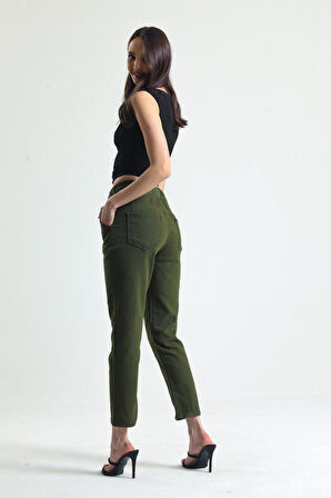 KADIN HAKİ BELİ İPLİ KEMER LASTİK KETEN MOM PANTOLON