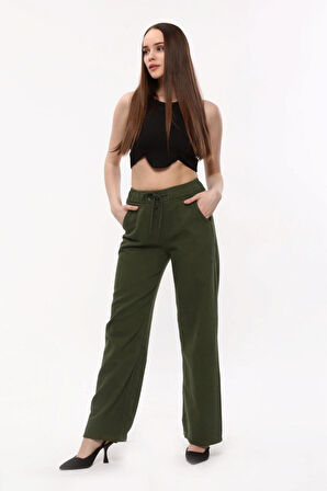 KADIN HAKİ BELİ İPLİ LASTİKLİ BOL PAÇA PANTOLON