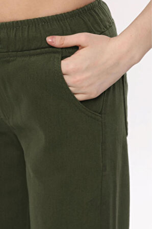 KADIN HAKİ BELİ İPLİ LASTİKLİ BOL PAÇA PANTOLON