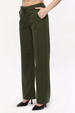 KADIN HAKİ BELİ İPLİ LASTİKLİ BOL PAÇA PANTOLON