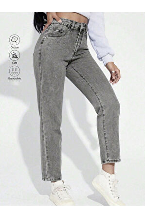 KADIN SİYAH KAR YÜKSEK BEL MOM KOT PANTOLON