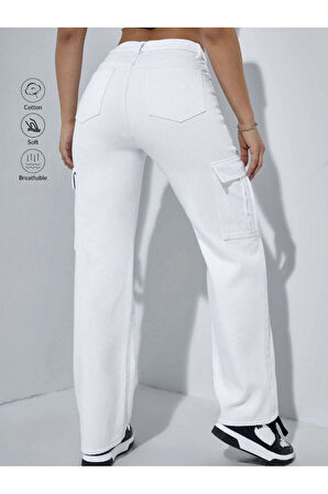 KADIN BEYAZ KARGO CEP BOYFRIEND KETEN BOL PAÇA