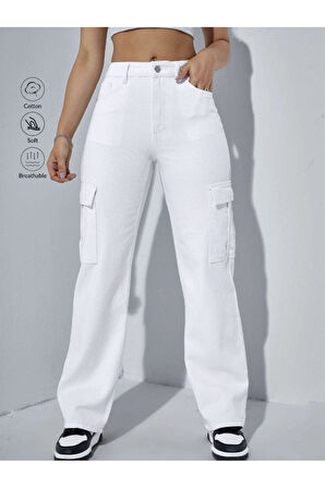 KADIN BEYAZ KARGO CEP BOYFRIEND KETEN BOL PAÇA