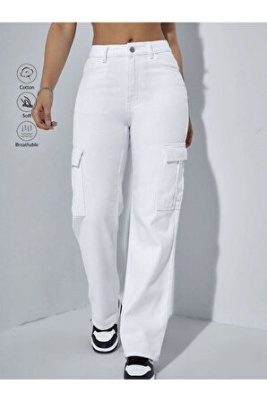 KADIN BEYAZ KARGO CEP BOYFRIEND KETEN BOL PAÇA