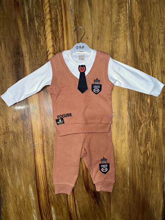 6-24 aylık kravatlı üçlü takım kahve