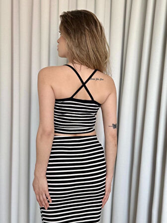 Çizgili etek crop takım