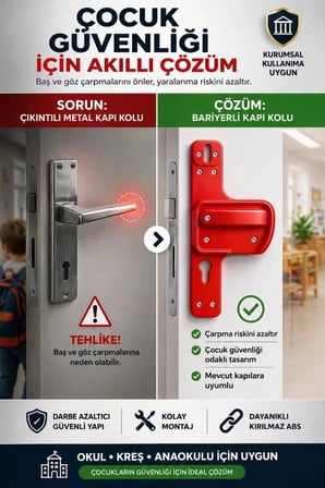 Bariyerli Kapı Kolu | Çocuk Güvenlikli | Okul, Kreş ve Eğitim Alanlarına Uygun Kırılmaz | Kırmızı