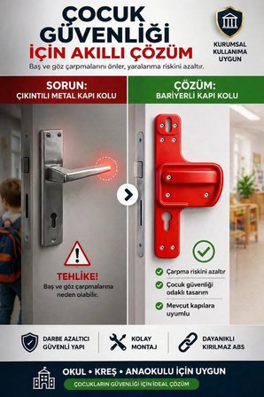 Bariyerli Kapı Kolu | Çocuk Güvenlikli | Okul, Kreş ve Eğitim Alanlarına Uygun Kırılmaz | Kırmızı