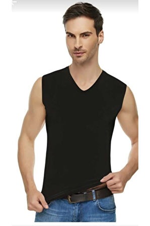 Erkek Siyah Sıfır Kol V Yaka Body Atlet 2'li