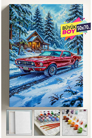 Sayılarla Boyama Seti Numaralı Tuval Fırça Boya Dahil Kasnaklı Set 50x70 Cm - KIRMIZI ARABA KAR