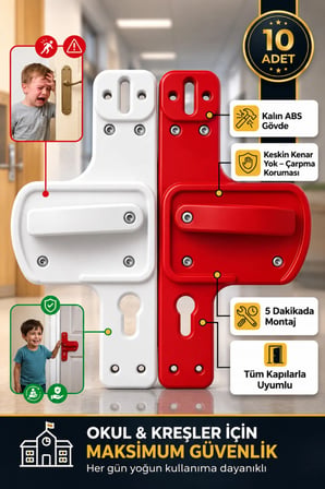 Okul ve Kreşler İçin Bariyerli Kapı Kolu | Çocuk Güvenlik Kapı Kolu | Kırılmaz ABS | 10'lu Kırmızı Beyaz Set