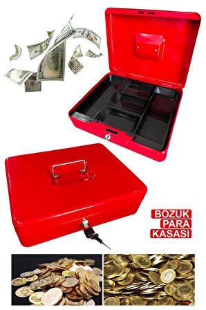 Büyük Boy Bölmeli Anahtarlı Çelik Kasa Bozuk Para Kasası Nakit Kutusu Kırmızı Yedek Anahtarlı..