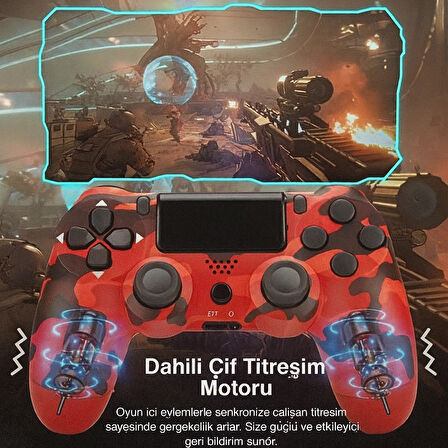 Yeni Nesil PS4 Kolu  Kablosuz, Şarj Edilebilir, Ergonomik + Titremeli + Dayanıklı Oyun Dostu Kırmızı Kamuflaj