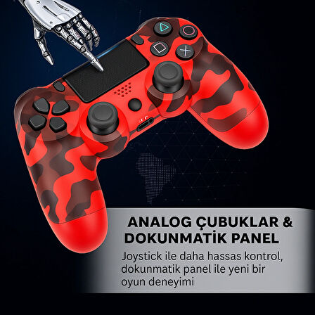 Yeni Nesil PS4 Kolu  Kablosuz, Şarj Edilebilir, Ergonomik + Titremeli + Dayanıklı Oyun Dostu Kırmızı Kamuflaj