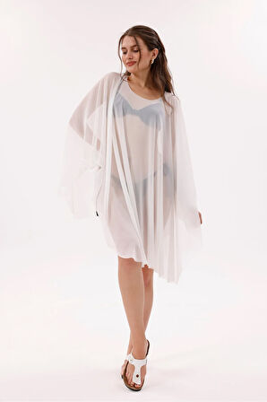 Kısa Kimono Pareo - Tesettür Pareo - Esnek Likralı Tül Beyaz 180x135 Cm