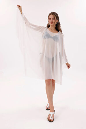Kısa Kimono Pareo - Tesettür Pareo - Esnek Likralı Tül Beyaz 180x135 Cm