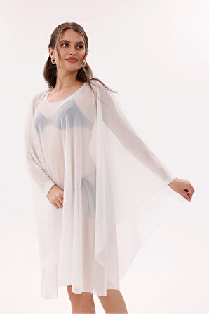 Kısa Kimono Pareo - Tesettür Pareo - Esnek Likralı Tül Beyaz 180x135 Cm