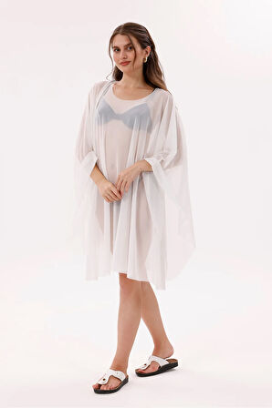 Kısa Kimono Pareo - Tesettür Pareo - Esnek Likralı Tül Beyaz 180x135 Cm