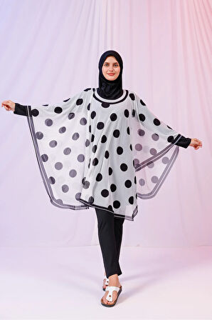 Kısa Kimono Pareo - Tesettür Pareo - Puantiyeli Beyaz 180x135 Cm