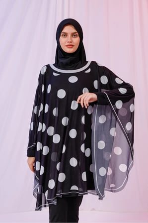 Kısa Kimono Pareo - Tesettür Pareo - Puantiyeli Siyah 180x135 Cm