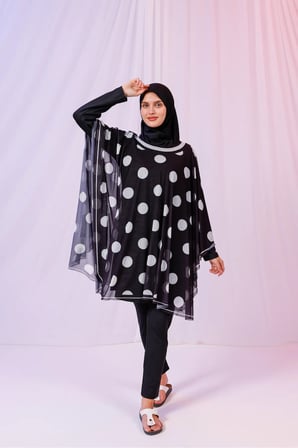 Kısa Kimono Pareo - Tesettür Pareo - Puantiyeli Siyah 180x135 Cm