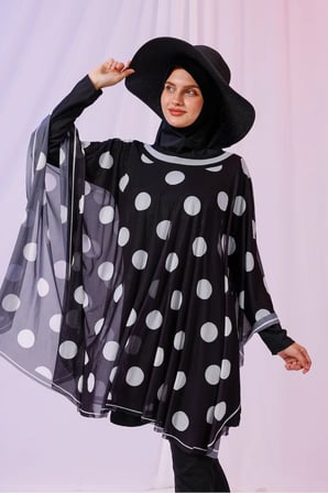Kısa Kimono Pareo - Tesettür Pareo - Puantiyeli Siyah 180x135 Cm