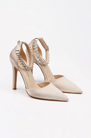 Kadın Bilekten Taşlı Saten Malzeme Topuklu Ayakkabı