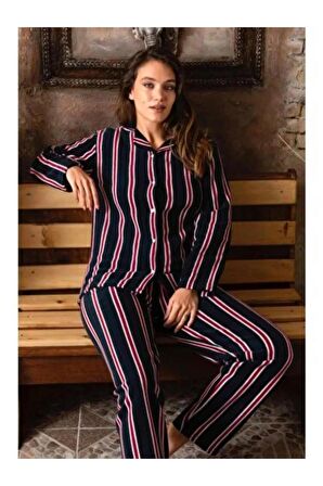 Çizgi Desenli Önden Düğmeli Polar Pijama Takım