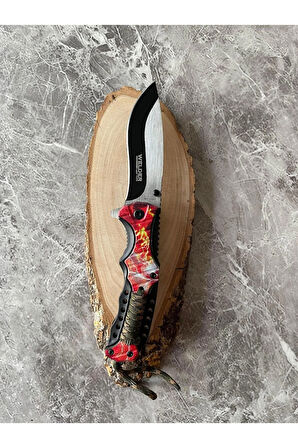 Kamp Çakısı – Kırmızı Yıldırım Desenli Paracord Kabze, İçten Kilitli, Kemere Klipsli