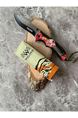 Kamp Çakısı – Kırmızı Yıldırım Desenli Paracord Kabze, İçten Kilitli, Kemere Klipsli