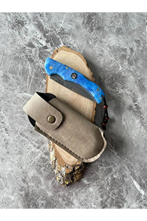 Hayta Kamp Çakısı – Mavi Epoksi Kabze – 8 cm Namlu – Sırttan Kilitli – Kılıflı