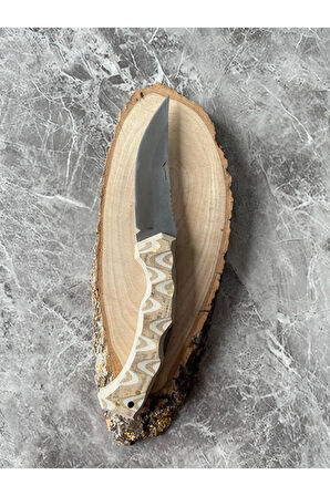 Verzalit Krem-Beyaz Kabzeli Kamp Çakısı – 9 cm Namlu – Sırttan Kilitli – Kılıflı