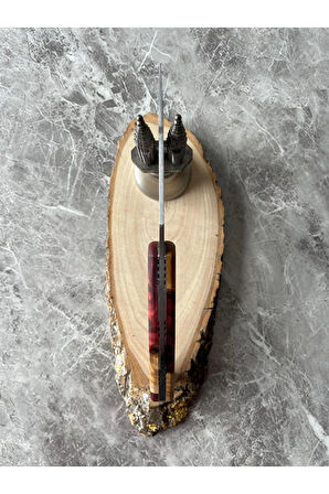 Kurt Gravürlü Hibrit Bordo Epoksi Kabzeli Kamp Çakısı – 20,5 cm