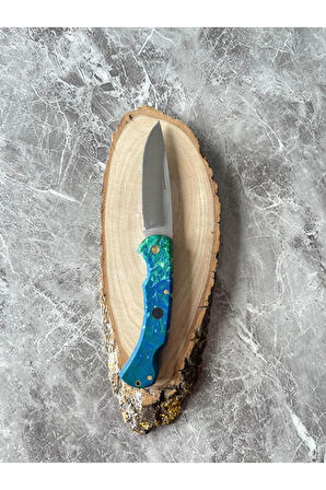 Mavi Epoksi Kamp Çakısı – 8 cm Namlu – Sırttan Kilitli – Kılıf Dahil