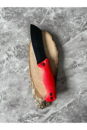 Satır Model Kompakt Kırmızı Kabzeli Kılıflı El Yapımı Kamp ve Av Bıçağı – 23 cm