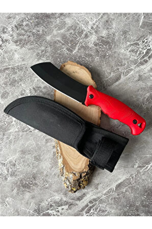 Satır Model Kompakt Kırmızı Kabzeli Kılıflı El Yapımı Kamp ve Av Bıçağı – 23 cm