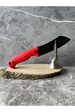 Satır Model Kompakt Kırmızı Kabzeli Kılıflı El Yapımı Kamp ve Av Bıçağı – 23 cm