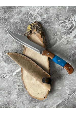 Hibrit Mavi Epoksi Kabzeli El Yapımı Kılıflı Kamp ve Av Bıçağı – 24 cm
