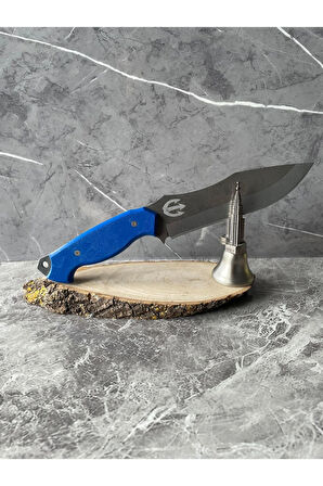 Üç Dişli Mızrak Desenli Kamp Bıçağı – Mavi Kompakt Kabze, Cam Buz Kırmalı, İp Takmalı, Kılıflı