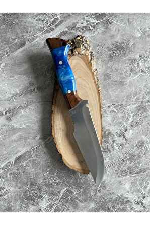 Hibrit Mavi Epoksi Kabzeli El Yapımı Kılıflı Kamp ve Av Bıçağı – 26,5 cm