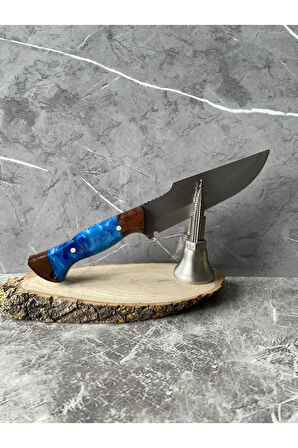 Hibrit Mavi Epoksi Kabzeli El Yapımı Kılıflı Kamp ve Av Bıçağı – 26,5 cm