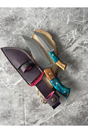 Hibrit Babalı Oğullu Kamp Bıçağı Seti - Yeşil Epoksi Kabze, Kılıflı, Outdoor & Hediyelik